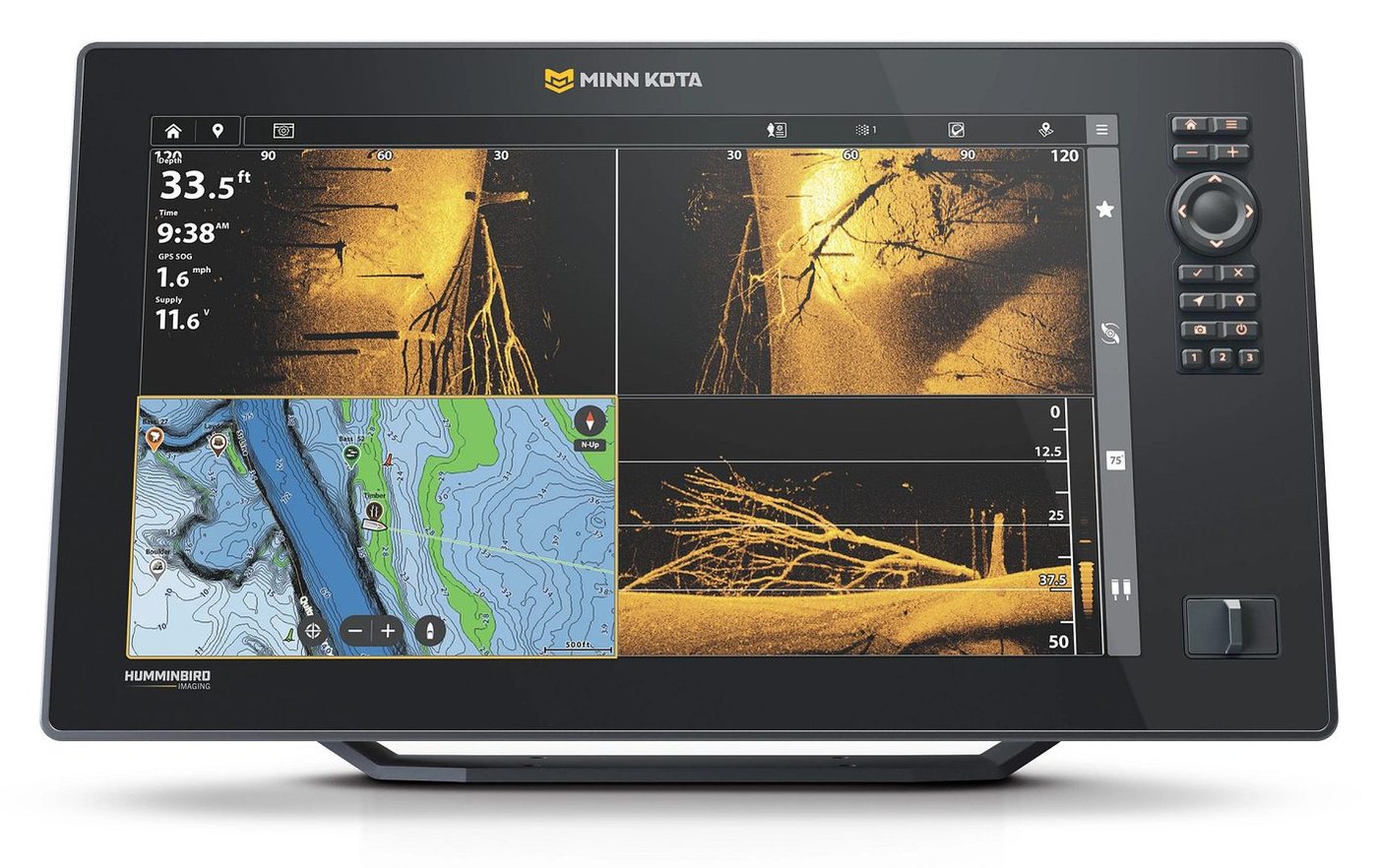 Sonar e GPS Minn Kota X16 com tela dividida mostrando mapa, Side Imaging e Down Imaging