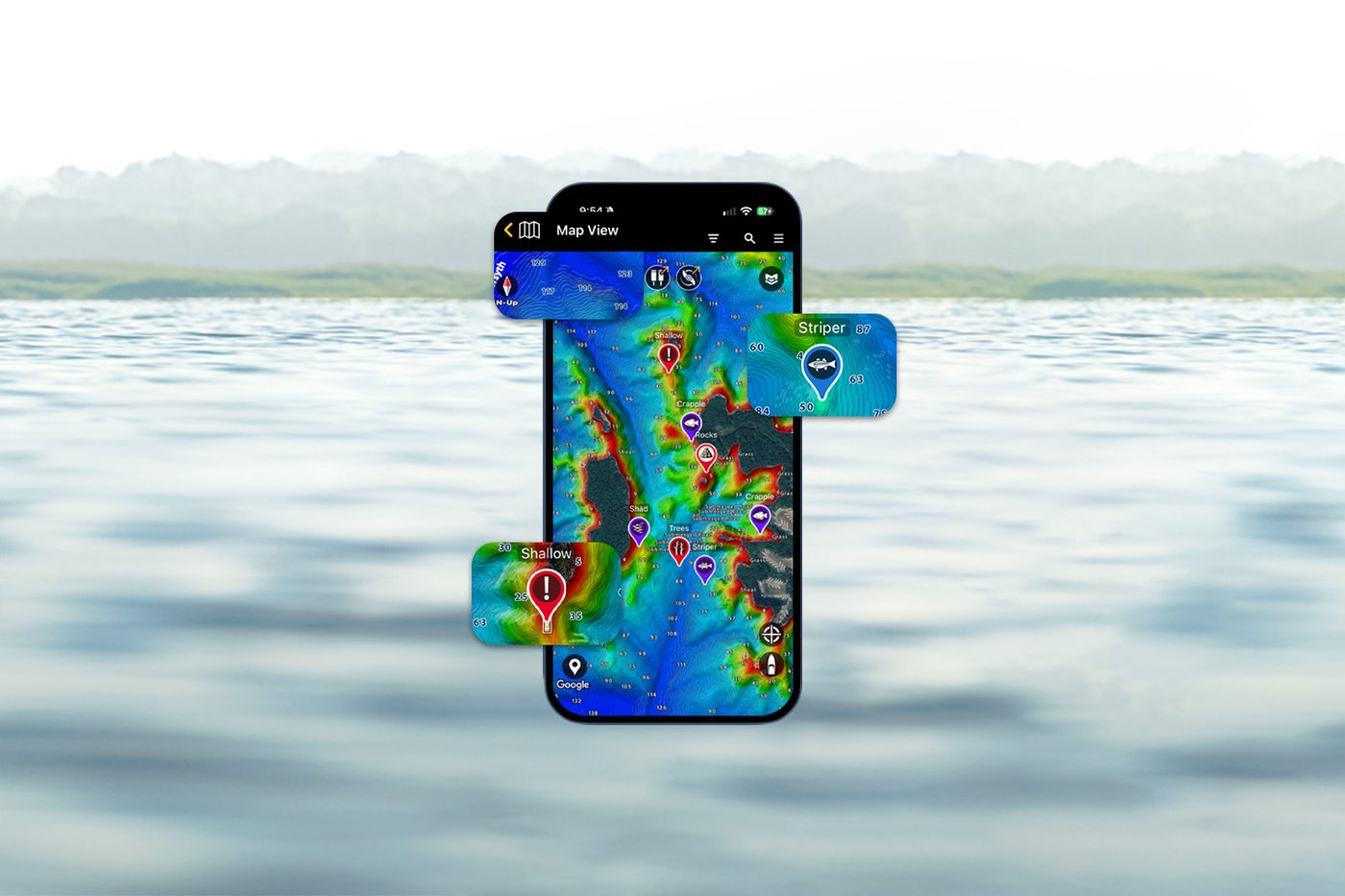 Celular com o aplicativo Minn Kota Fishing App mostrando o mapa de um pesqueiro
