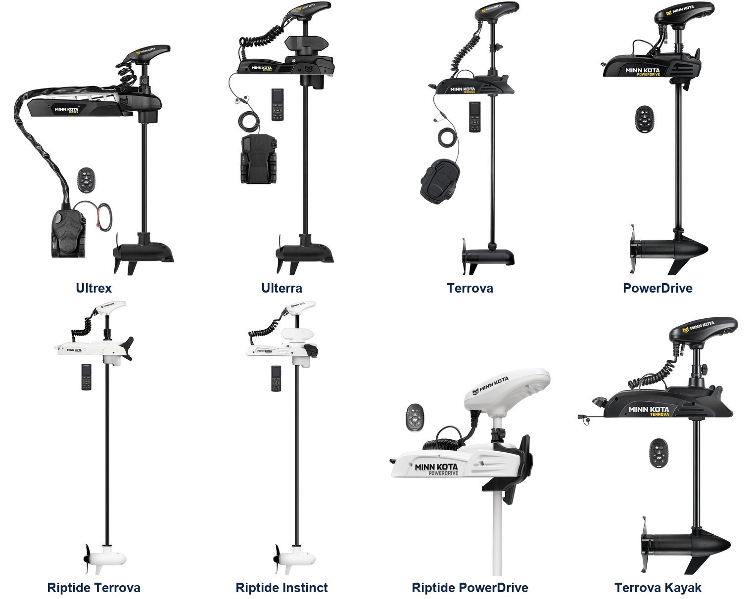 As oito linhas de motor elétrico Minn Kota lado a lado: Ultrex, Ulterra, Terrova, PowerDrive, Riptide Terrova, Riptide Instinct, Riptide PowerDrive e Terrova Kayak