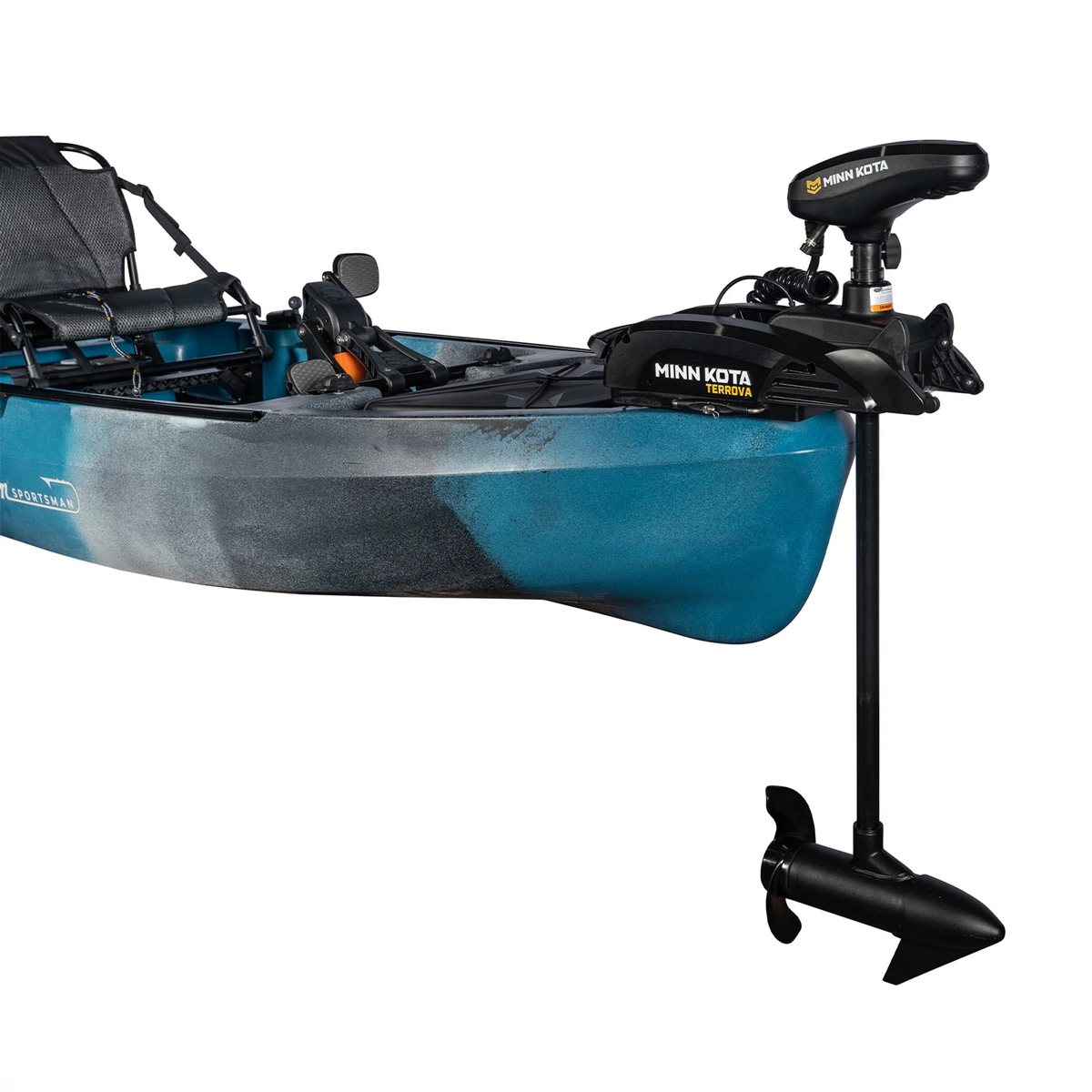Motor elétrico Minn Kota Terrova Kayak instalado na lateral de um caiaque de pesca