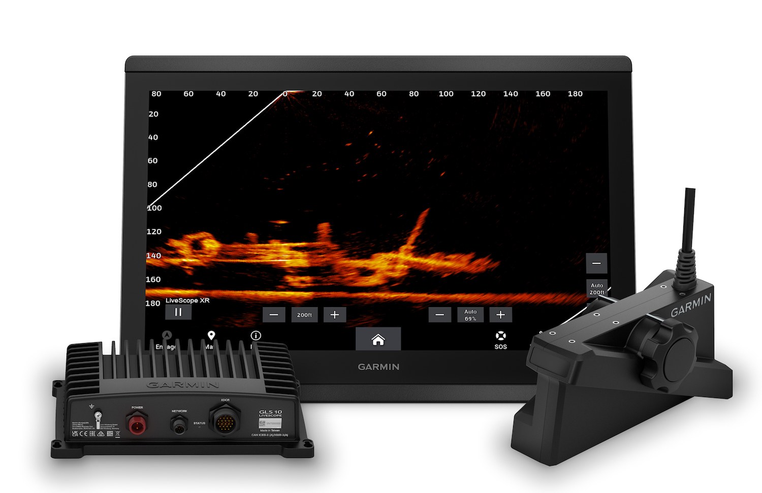Sistema Garmin LiveScope XR: sonar Echomap com imagem ao vivo, black box GLS 10 e transducer LVS62