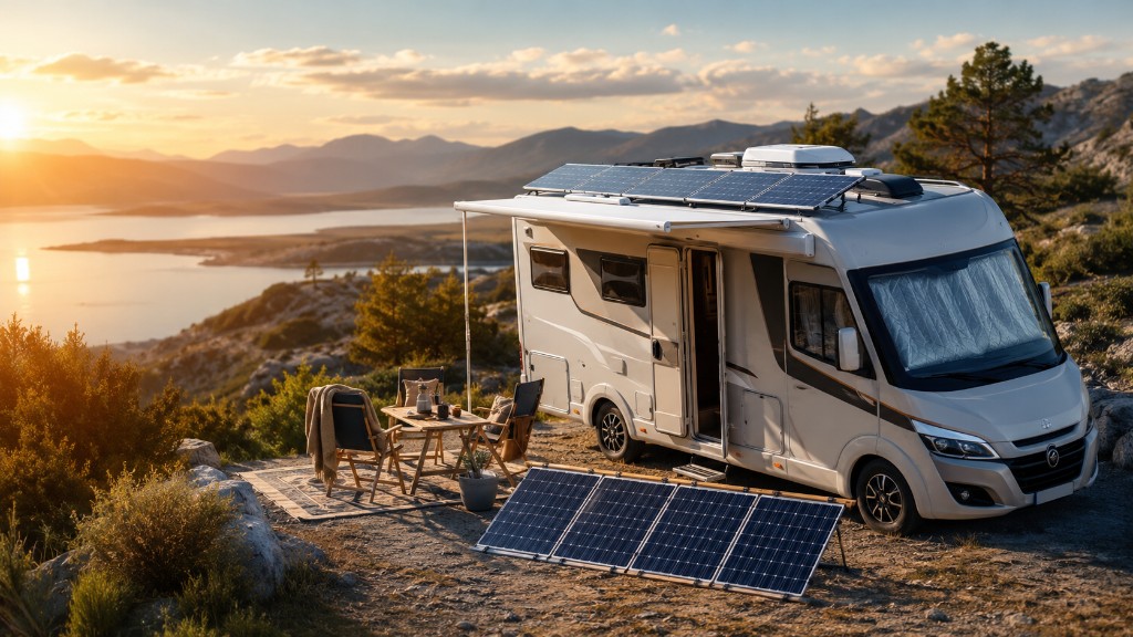 Motorhome using roof-mounted and portable solar panels
