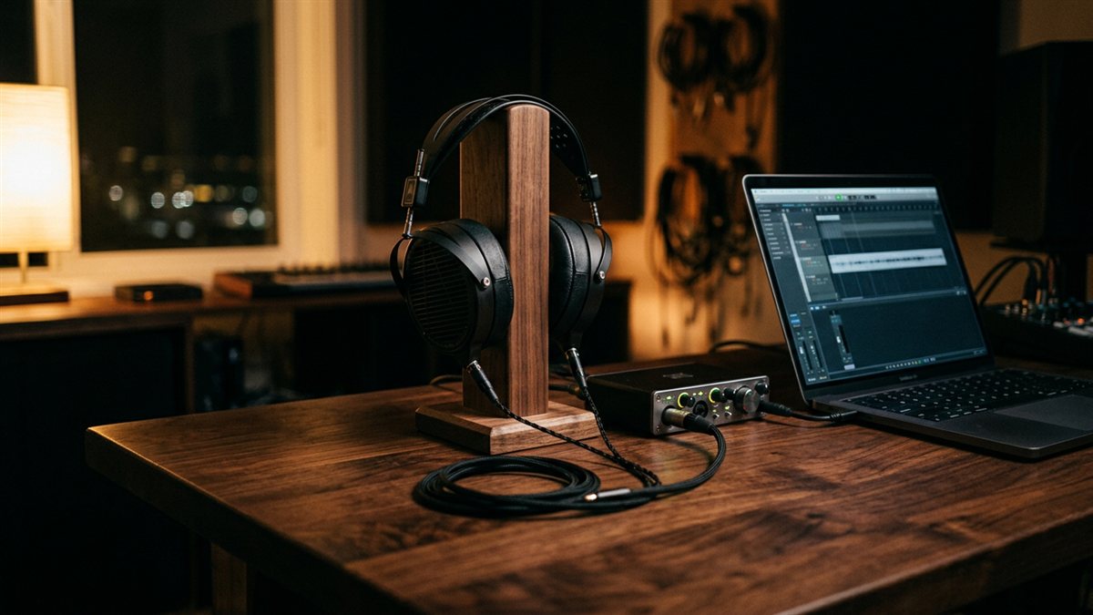 Auriculares over-ear en un soporte de madera junto a una interfaz de audio y una notebook