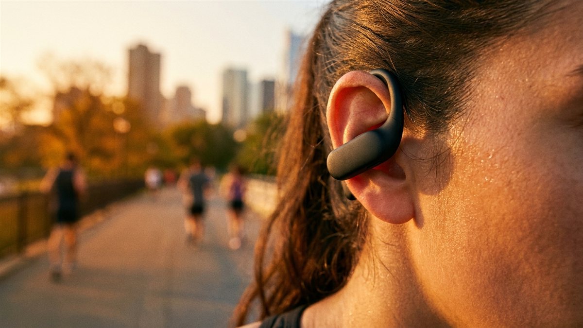 Auricular clip open-ear colocado en la oreja de una persona corriendo al aire libre