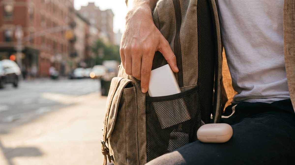Persona guardando una batería externa delgada en el bolsillo de una mochila junto a auriculares, en un ambiente urbano de día