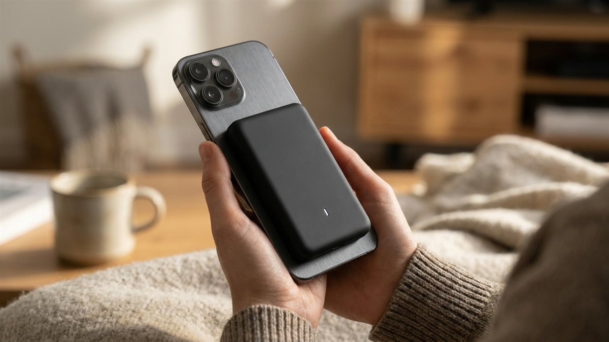 Batería externa magnética adherida a la parte trasera de un smartphone, sostenida en una mano, con fondo desenfocado cálido
