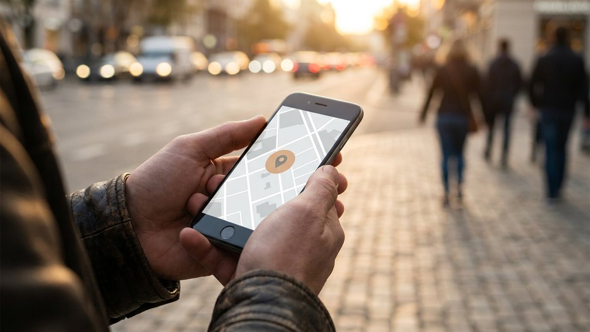 Persona sosteniendo su teléfono con un mapa abierto localizando un objeto en la ciudad