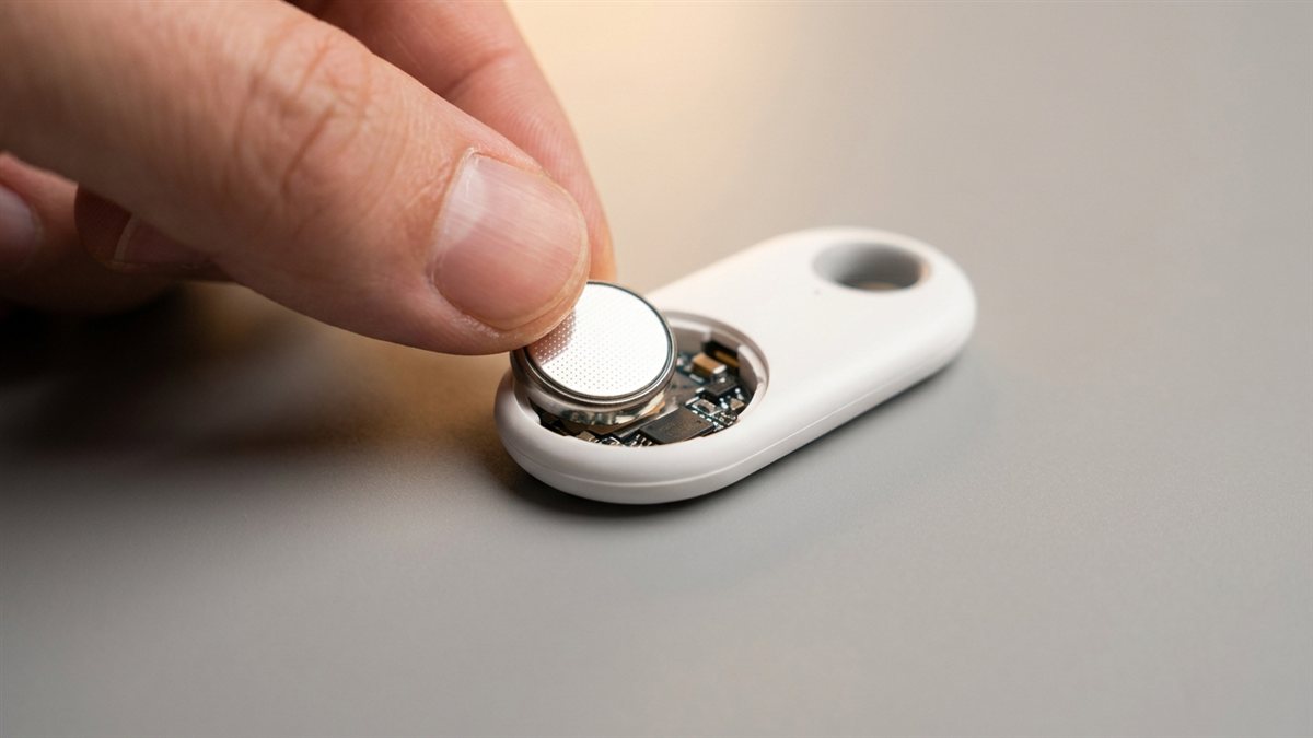 Primer plano de una mano cambiando la pila tipo botón de un rastreador Bluetooth