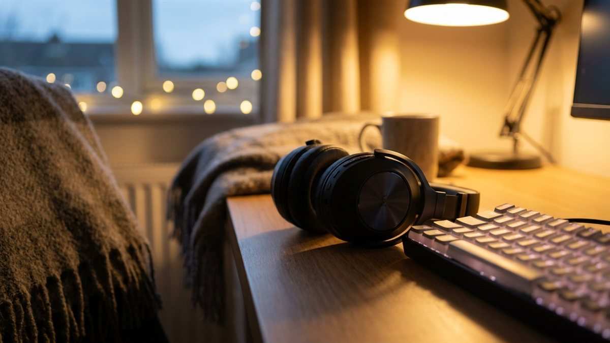 Auriculares gamer inalámbricos apoyados sobre un escritorio con luz ambiente suave