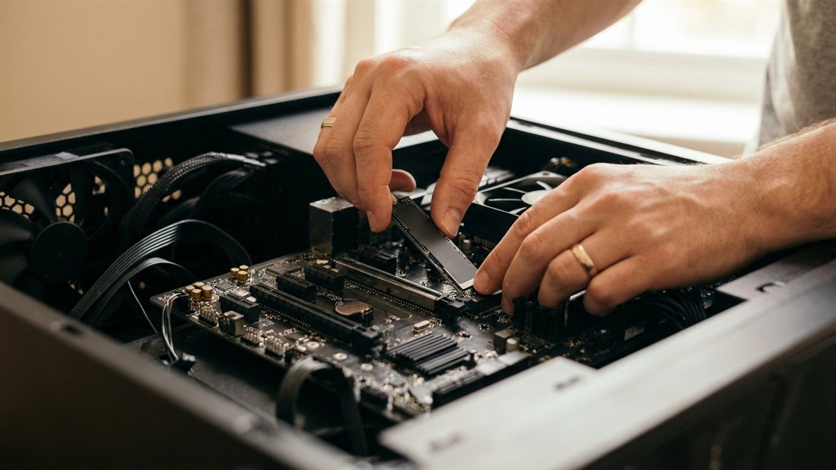 Manos instalando un SSD NVMe M.2 en la ranura de una placa madre de computadora, primer plano con luz natural