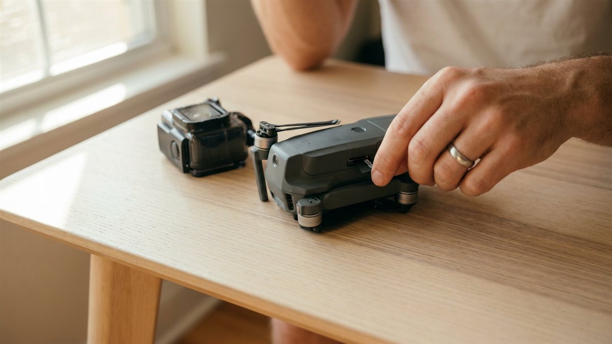 Tarjeta microSD siendo insertada en un drone junto a una cámara de acción sobre una mesa clara, estética tech premium con luz cálida