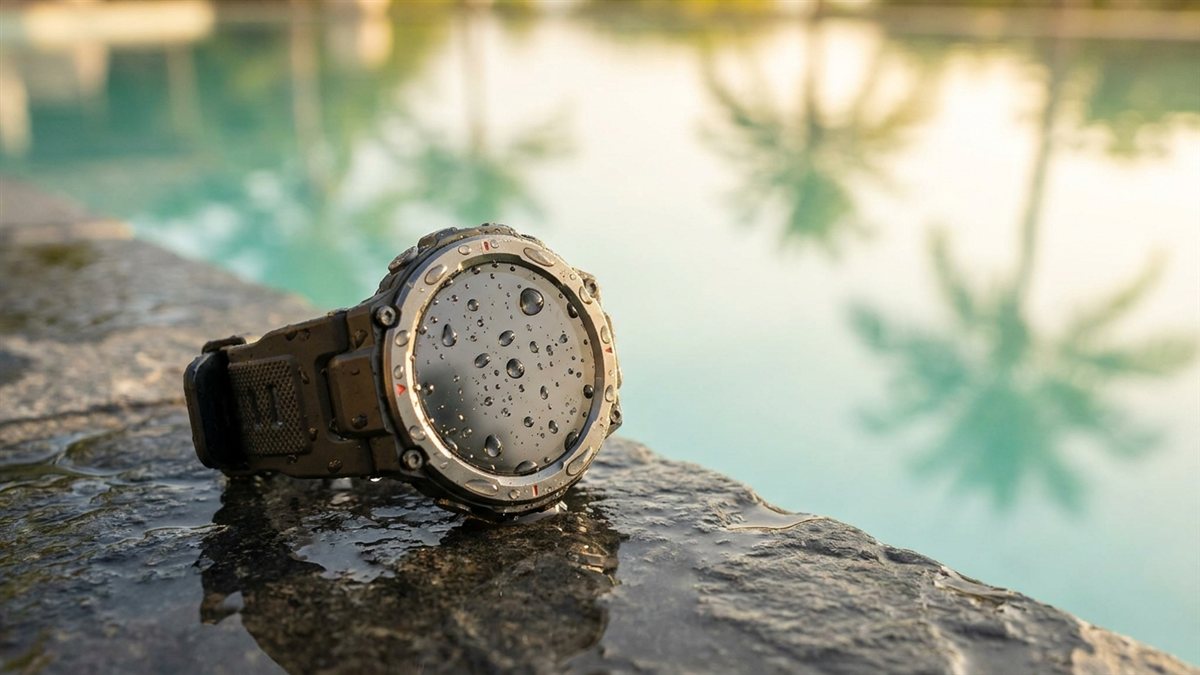 Smartwatch resistente al agua con gotas sobre la pantalla junto a una pileta