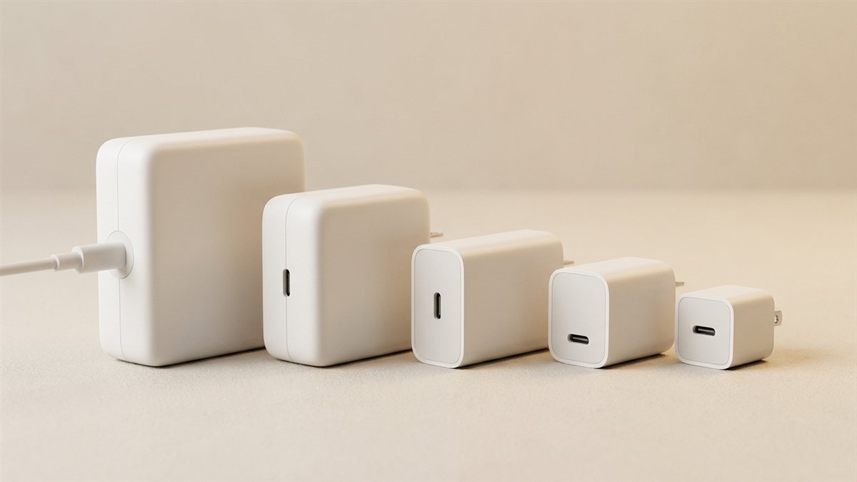 Varios cargadores USB-C de distintos tamaños alineados, desde un ladrillo grande hasta un cubo diminuto, sobre fondo claro