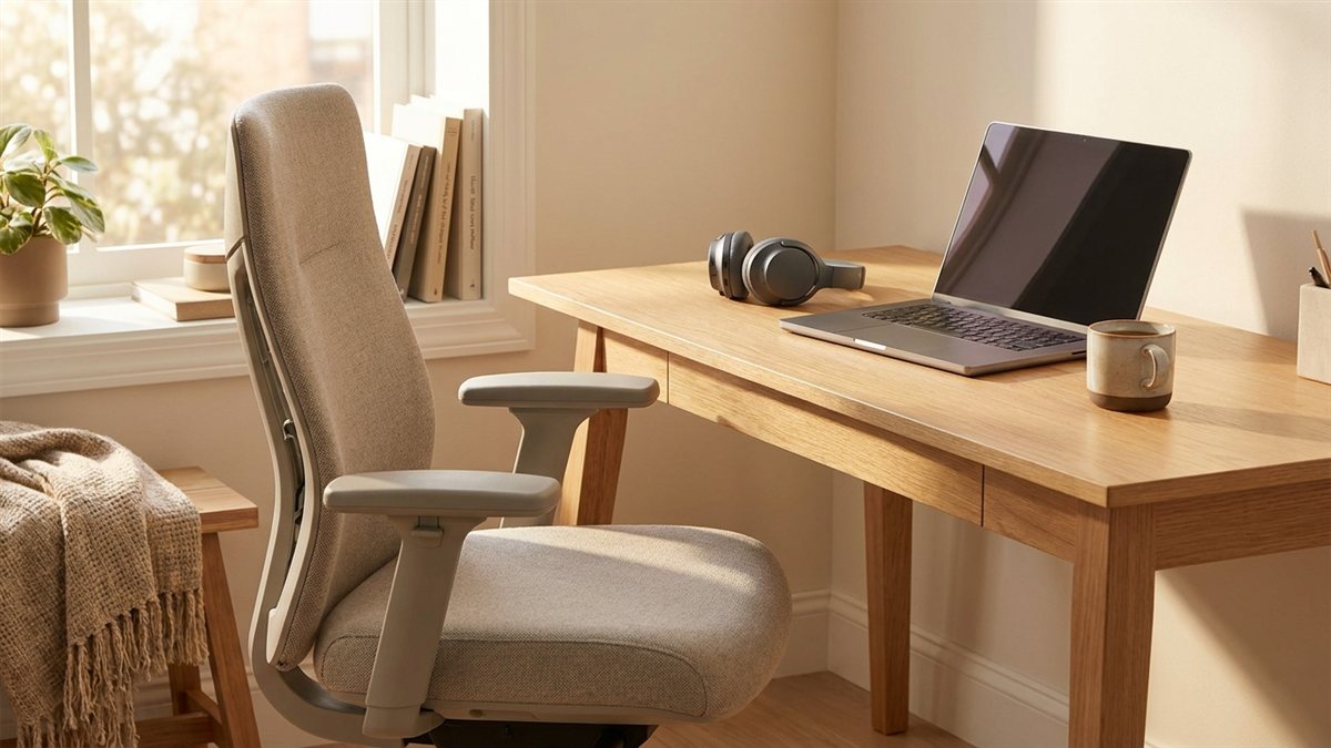 Escritorio prolijo de home office con silla ergonómica, auriculares y una taza de café con luz natural