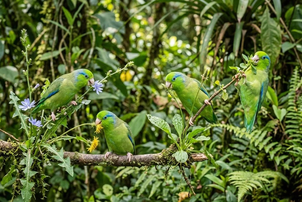 Pericos forpus en habitat natural aprovechando la naturaleza