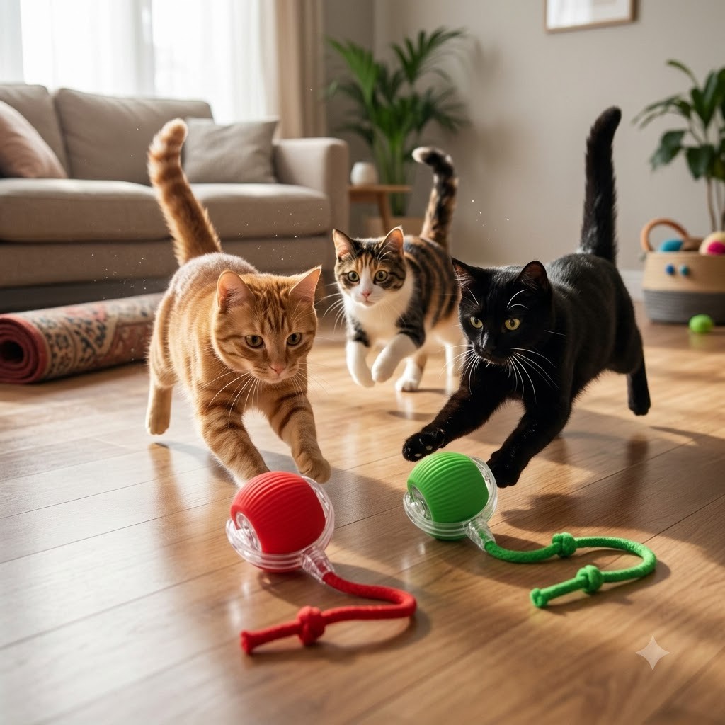 Gato brincando com uma bola inteligente em uma sala iluminada
