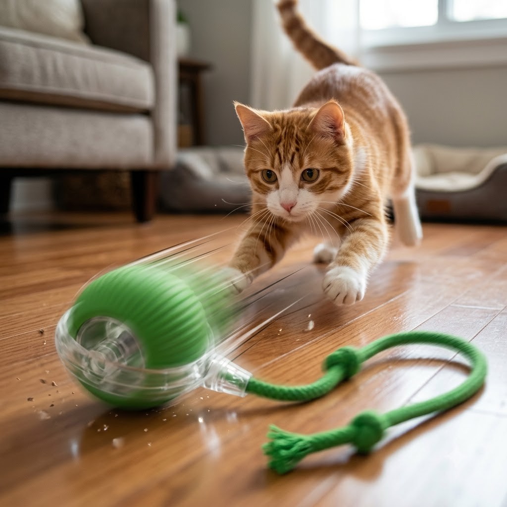Gato perseguindo uma bola pelo ch&atilde;o