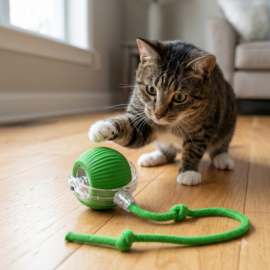 Gato interagindo com uma bola inteligente em diferentes momentos