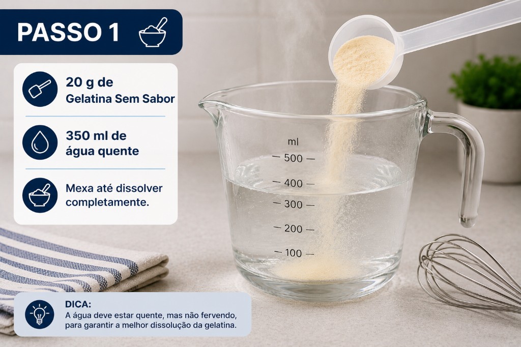 Passo 1 dissolver 20g de gelatina sem sabor em 350ml de água quente
