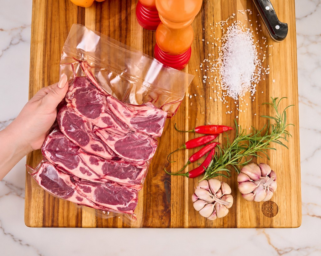 Carne bovina embalada a vácuo sobre tábua de madeira, pronta para cocção em sous vide