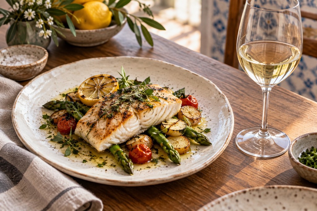 Fil&eacute; de peixe grelhado com aspargos e tomates, servido com uma ta&ccedil;a de vinho branco