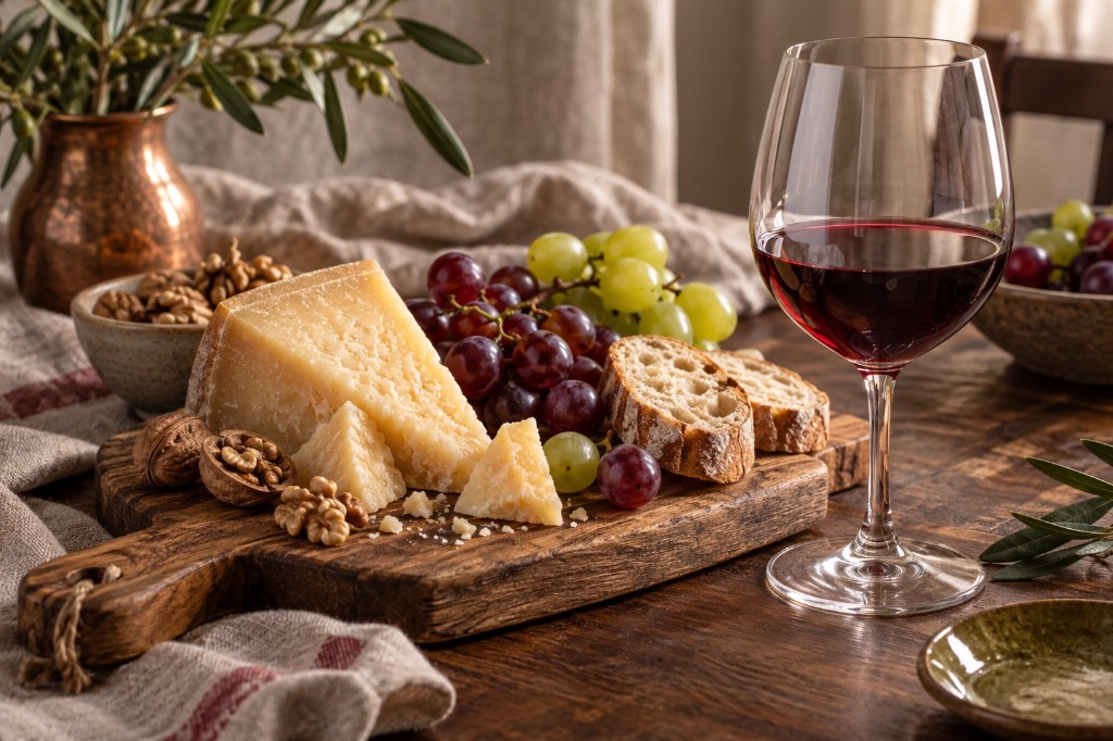 T&aacute;bua de queijos, nozes e uvas harmonizada com uma ta&ccedil;a de vinho tinto