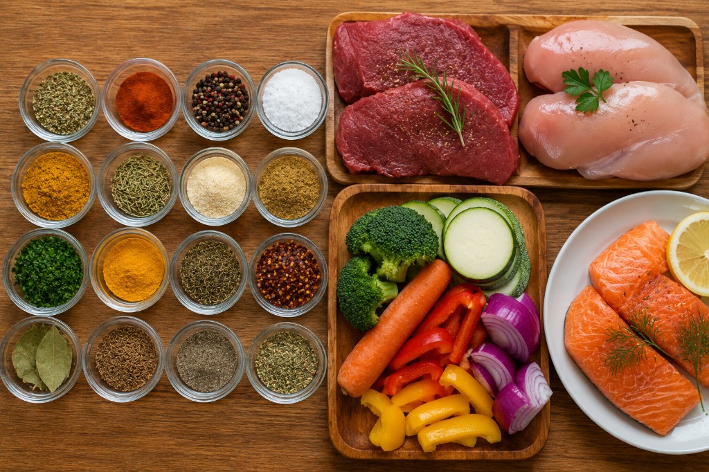 combina&ccedil;&atilde;o de temperos para diferentes alimentos