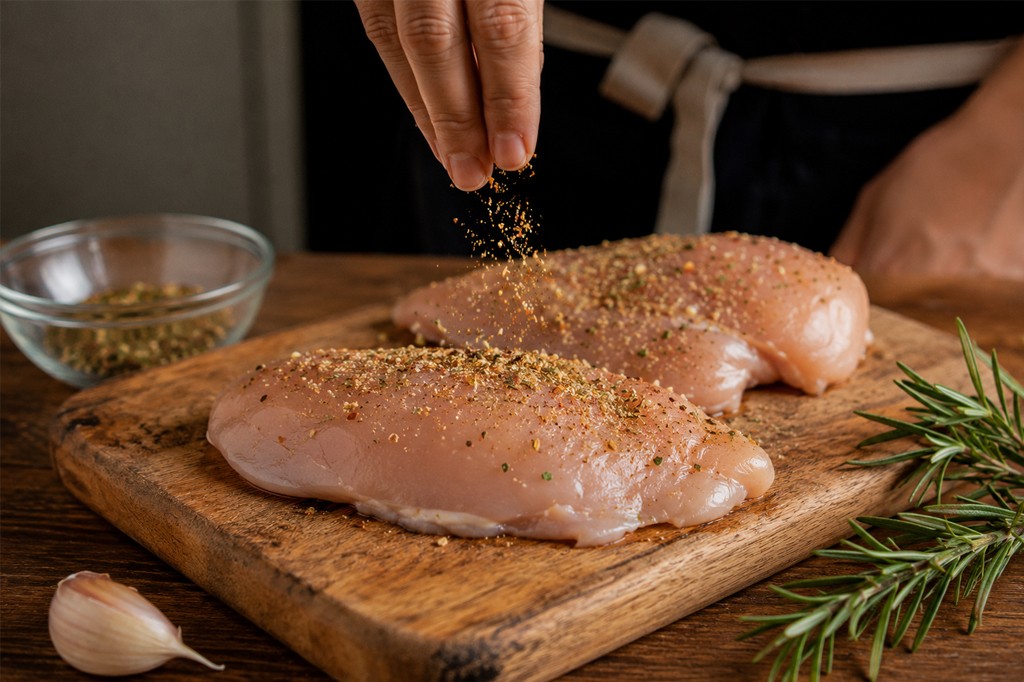 peito de frango sendo temperado com ervas e especiarias.