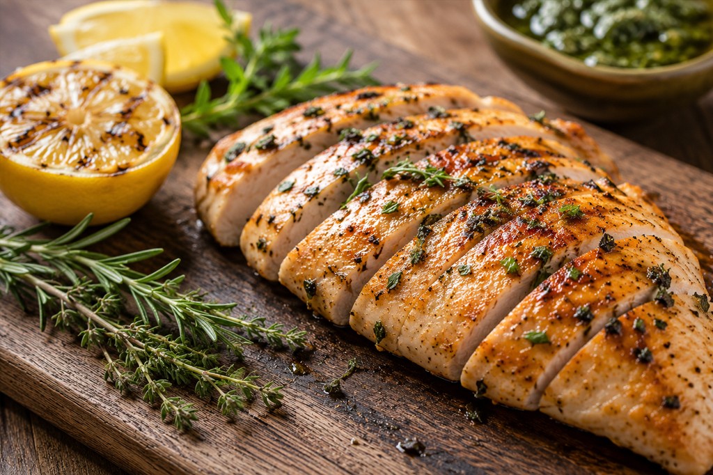 filé de frango grelhado com ervas frescas e limão