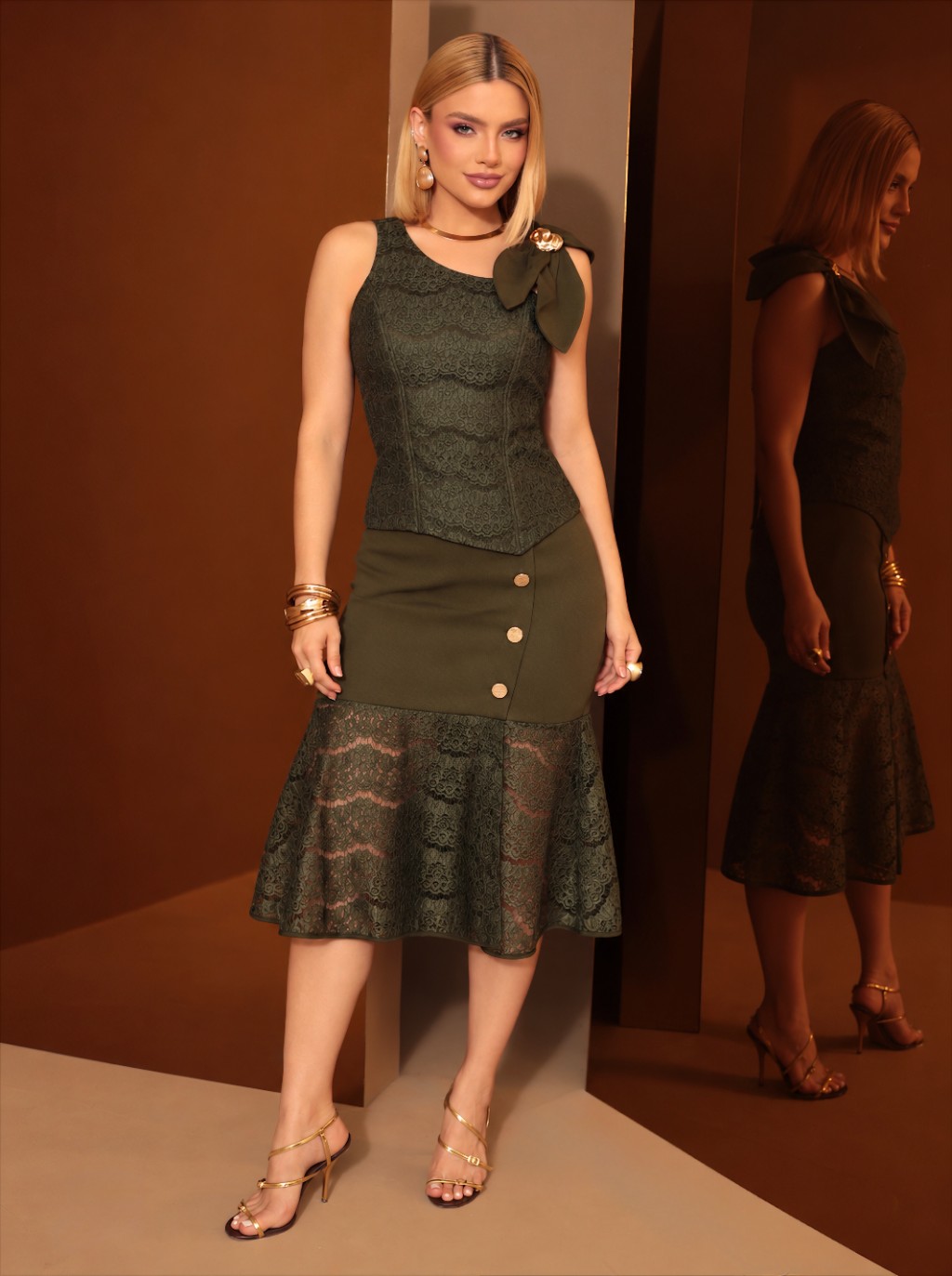 Detalhes especiais em look feminino Dominique