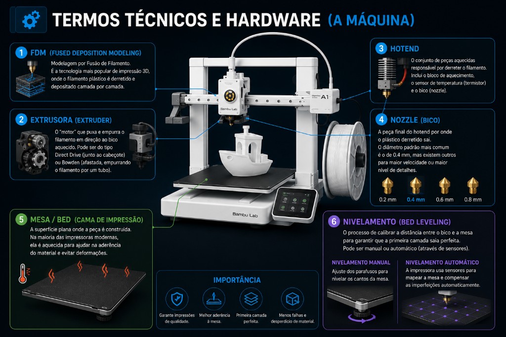 Infogr&aacute;fico sobre termos t&eacute;cnicos e hardware de impress&atilde;o 3D, mostrando uma impressora Bambu Lab A1 com destaque para componentes como extrusora, hotend, nozzle, mesa aquecida e nivelamento da mesa.