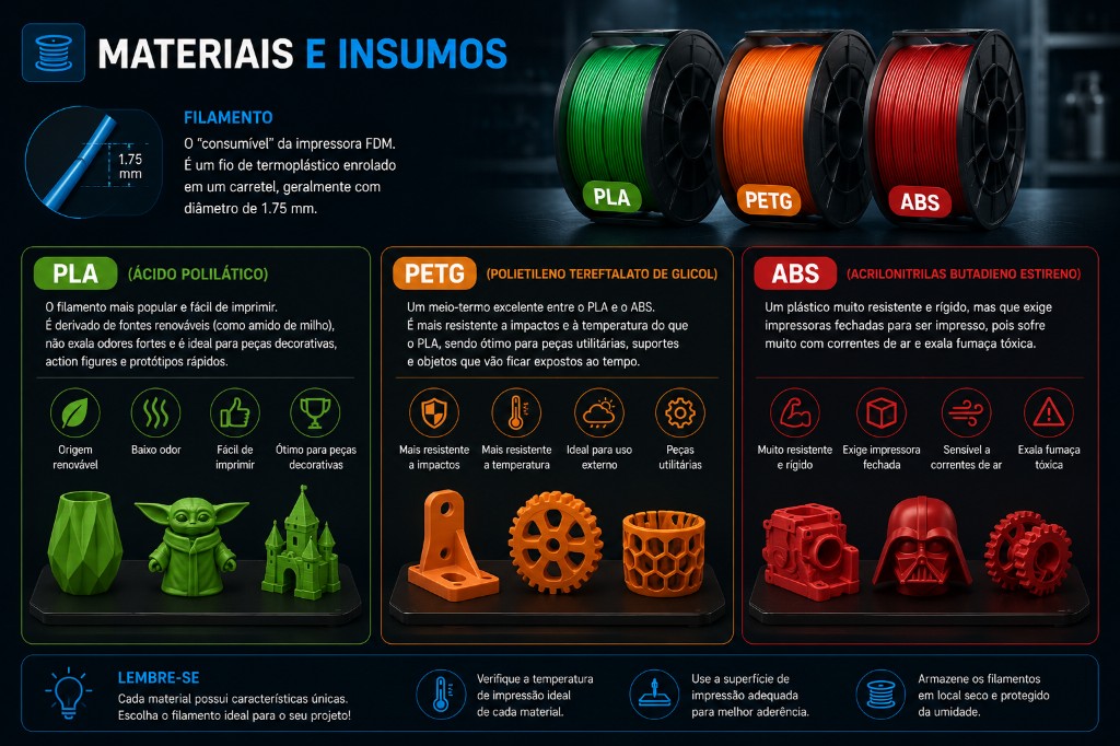 Infogr&aacute;fico sobre materiais e insumos para impress&atilde;o 3D, comparando filamentos PLA, PETG e ABS, com exemplos de aplica&ccedil;&otilde;es, caracter&iacute;sticas e carret&eacute;is de filamento coloridos.
