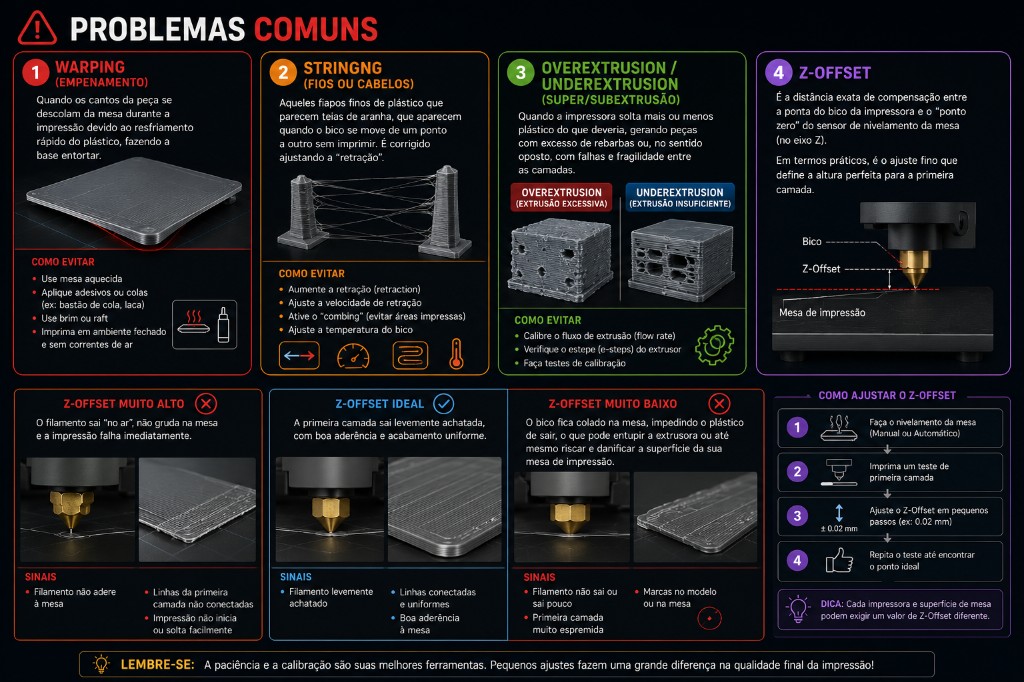 Infogr&aacute;fico sobre problemas comuns na impress&atilde;o 3D, explicando warping, stringing, overextrusion, underextrusion e ajustes de Z-Offset para melhorar a qualidade das pe&ccedil;a