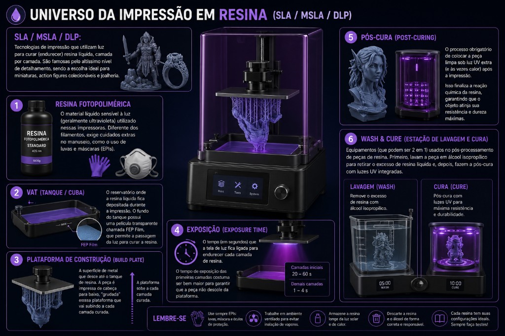 Infogr&aacute;fico sobre impress&atilde;o 3D em resina (SLA, MSLA e DLP), mostrando resina fotopolim&eacute;rica, tanque VAT, plataforma de constru&ccedil;&atilde;o, tempo de exposi&ccedil;&atilde;o, p&oacute;s-cura e esta&ccedil;&atilde;o Wash & Cure.