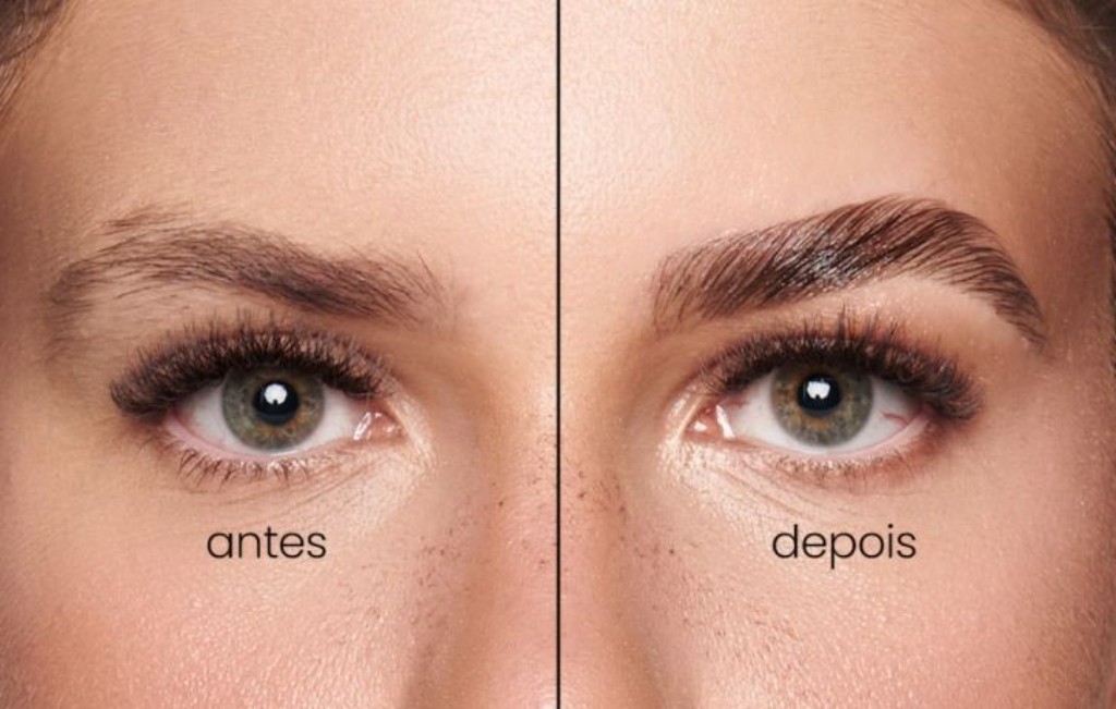 Antes e depois do design, mostrando a mudança no formato de sobrancelhas.