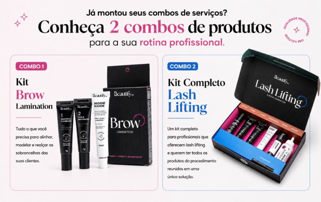 Combos de produtos para serviços de beleza da Beautify Pro.