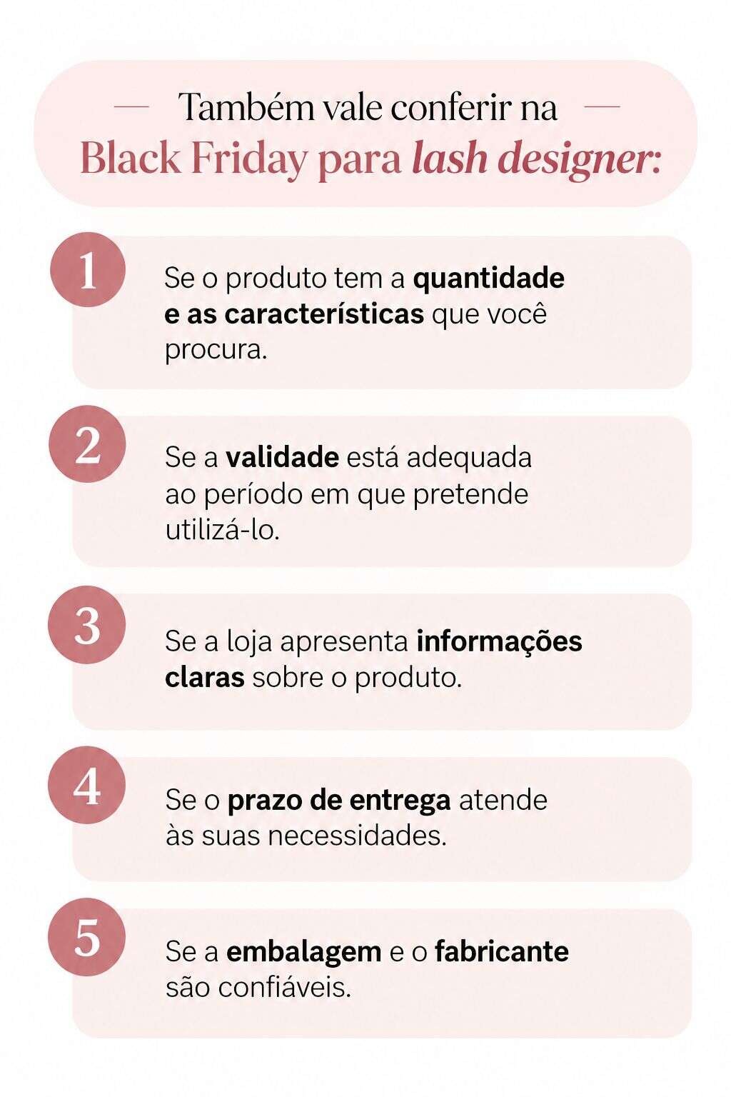 Infogr&aacute;fico com cinco dicas para comprar materiais com seguran&ccedil;a e economia na Black Friday para lash designer.