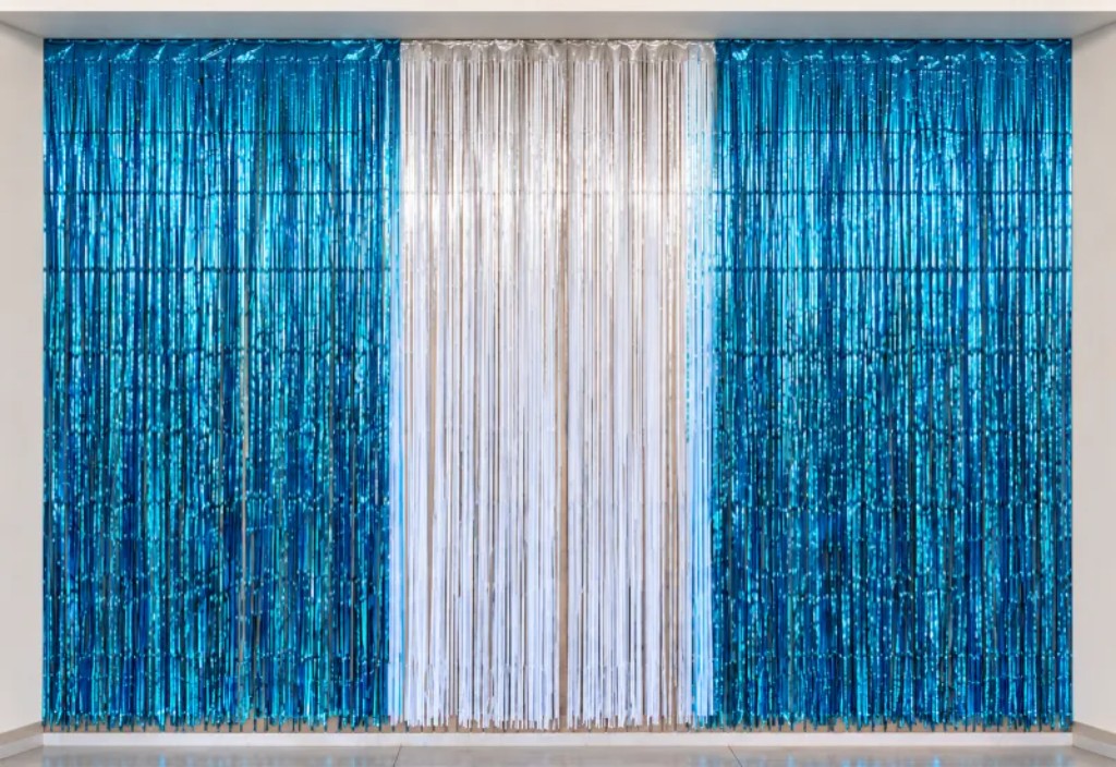 Decoraci&oacute;n de cumplea&ntilde;os de Argentina con cortinas metalizadas celestes y blancas