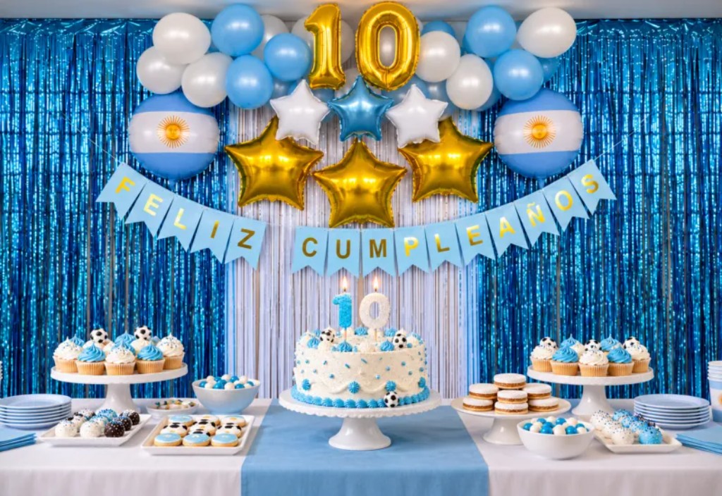 Decoraci&oacute;n de cumplea&ntilde;os de Argentina con globos, estrellas doradas y cortinas celestes y blancas