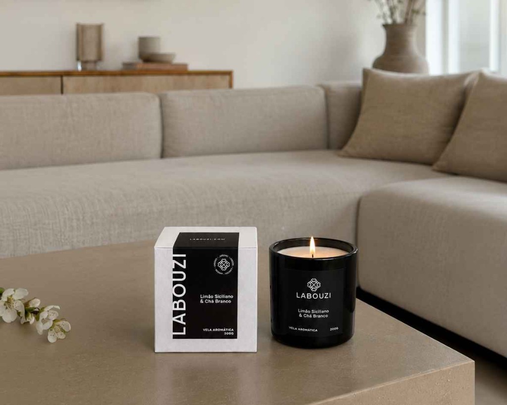 Vela arom&aacute;tica LABOUZI acesa em sala com ilumina&ccedil;&atilde;o ambiente