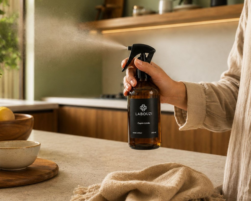 Usando home spray de fragrâncias na cozinha