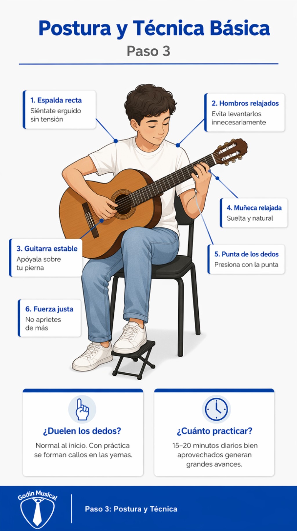 Una buena postura evita dolores, tensión innecesaria y malos hábitos. Aunque parezca algo simple, la forma en la que sostienes la guitarra influye mucho en tu avance. Para comenzar: Siéntate con la espalda recta. Coloca la guitarra de forma estable sobre tu pierna. Evita levantar demasiado los hombros. Mantén la muñeca relajada. Presiona las cuerdas con la punta de los dedos. No aprietes más de lo necesario.