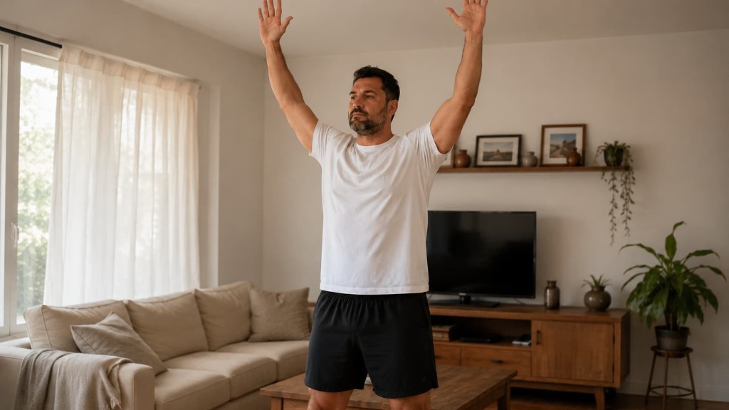 Hombre levantando los brazos con remera blanca que se mantiene en su lugar sin subirse