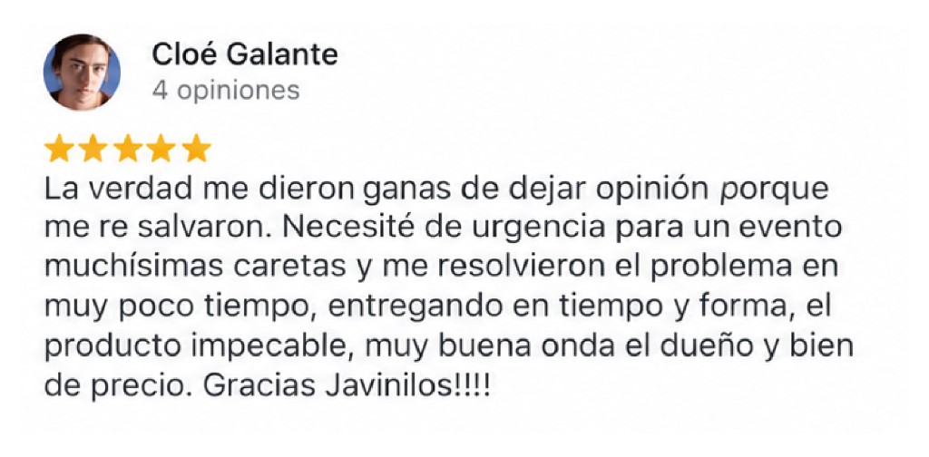 Reseña de Cloé Galante: necesitaba muchas caretas de urgencia para un evento y Javinilos entregó en tiempo y forma