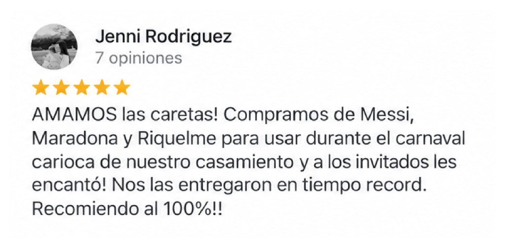 Reseña de Jenni Rodriguez: compró caretas de Messi, Maradona y Riquelme para el carnaval carioca de su casamiento y las recibió en tiempo récord
