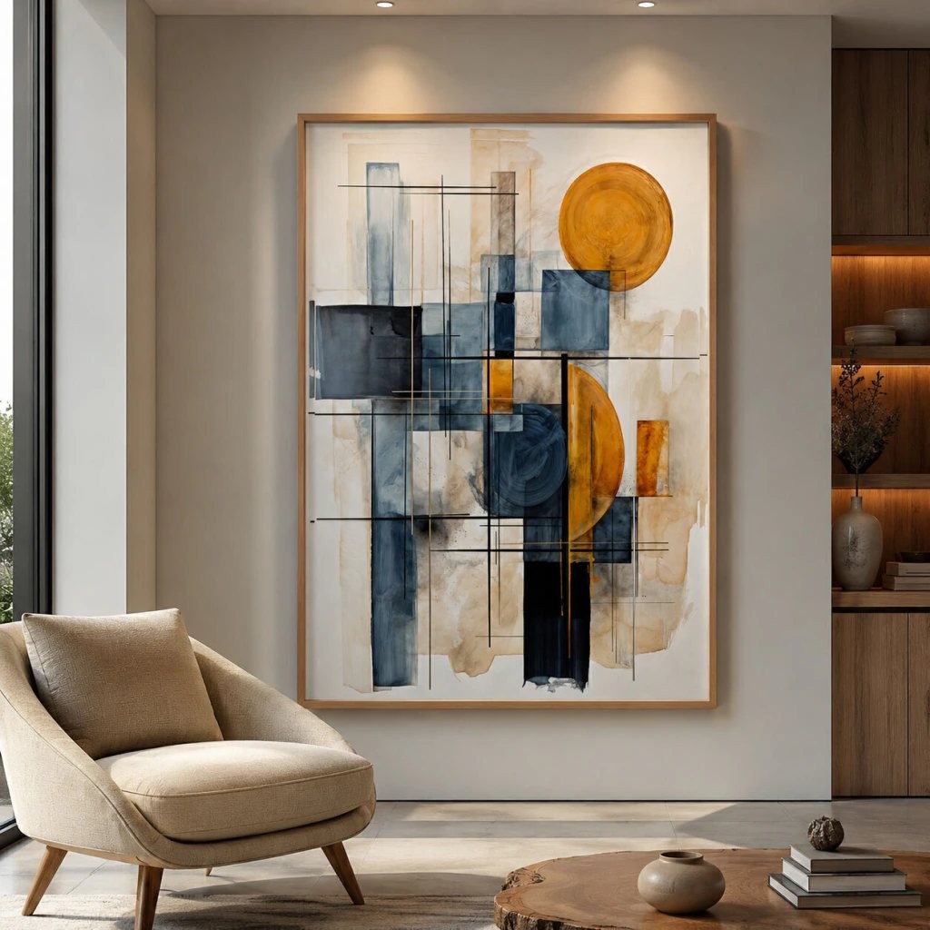Sala elegante com quadro abstrato em tons neutros e terrosos