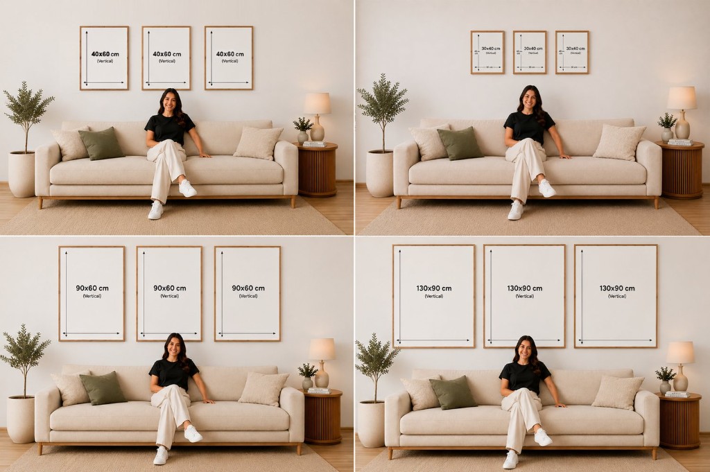 Comparação de diferentes tamanhos de quadros acima de um sofá