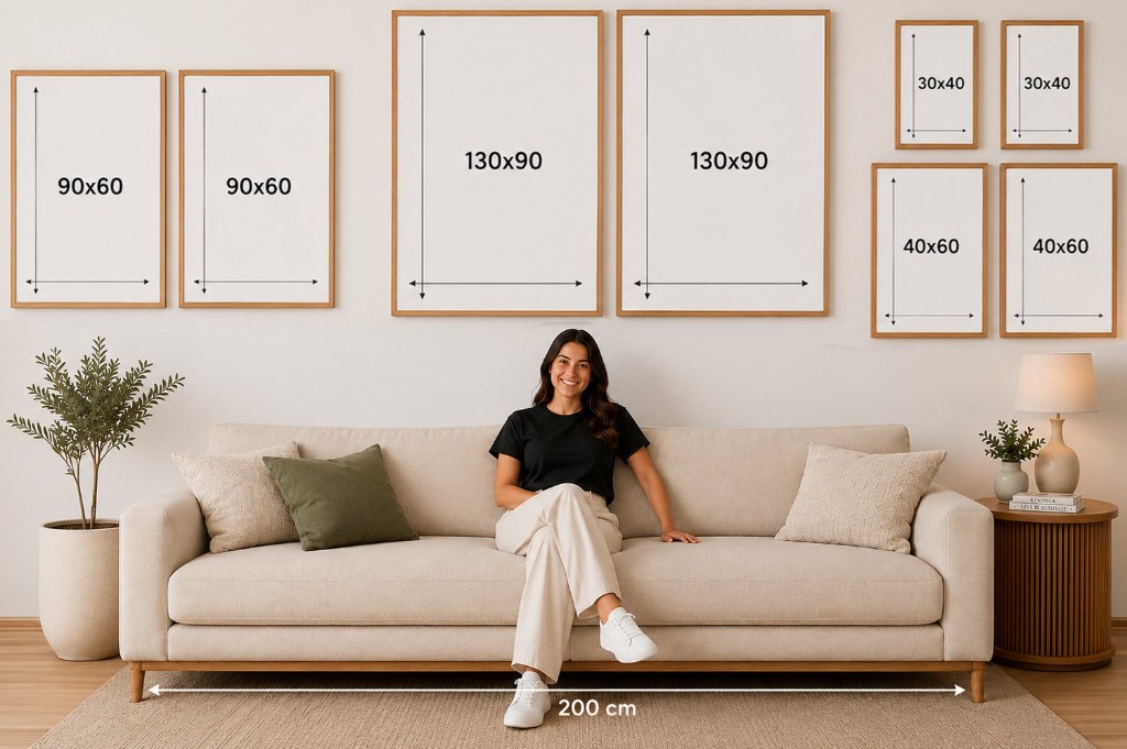 Compara&ccedil;&atilde;o de duplas de quadros em diferentes tamanhos acima de sof&aacute;
