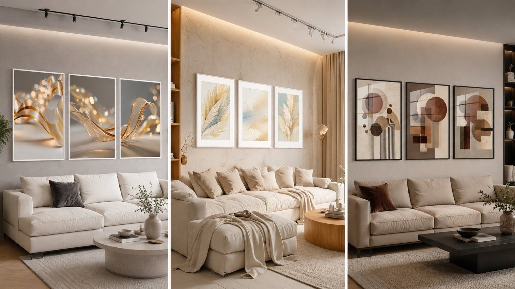 Exemplos de composições de três quadros em salas modernas