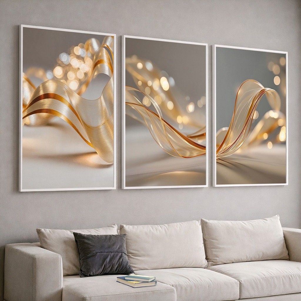 Trio de quadros abstratos dourados em sala clara